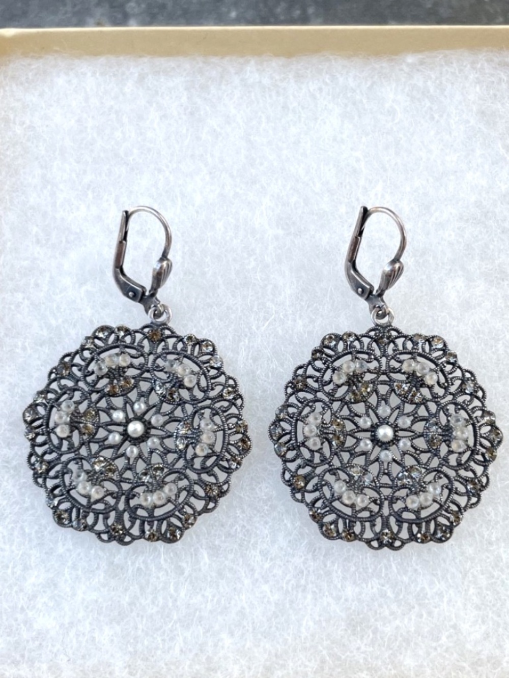 925 Sterling Silver Lacy Filigree Round Earrings w/ seed pearls and crystals